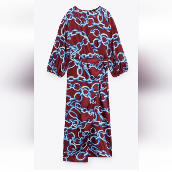 ZARA MULTICOLOURED CHAIN PRINT MIDI DRESS WITH KNOT DETAIL - Picture 6 of 11